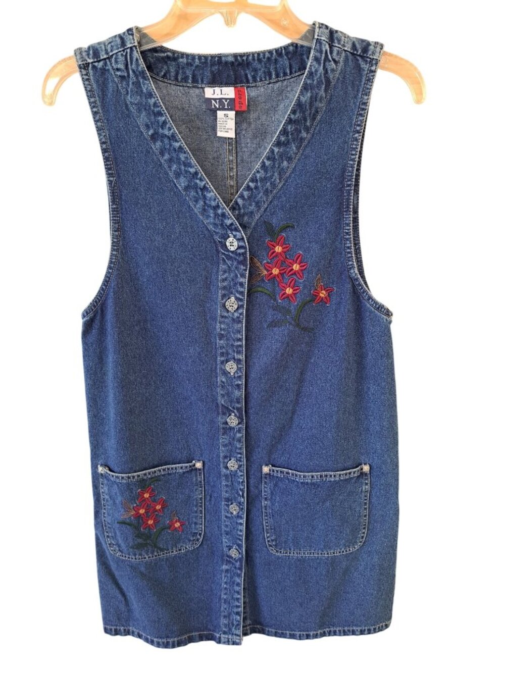 Vtg Denim Embroidered Dress Floral Button-Up Sleeveless Pockets S Cotton Teacher - Picture 1 of 10